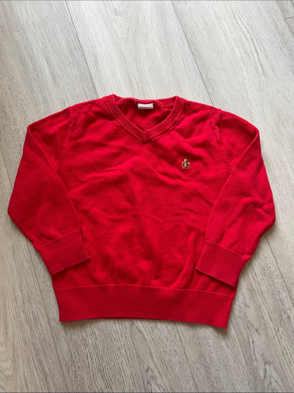 Baby GAP Toddler Red V-Neck Knit Sweater Brown Teddy Bear Stitched Size 2T